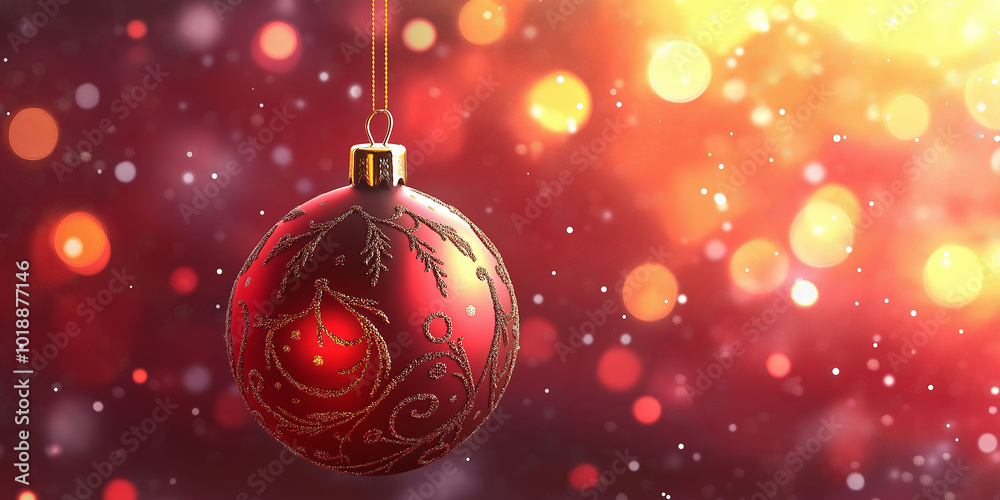 Fototapeta premium A close-up of a red Christmas ornament with intricate gold details, hanging against a warm, glowing festive backdrop