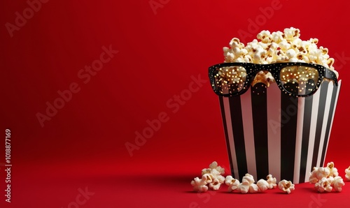 A whimsical popcorn bucket with glasses against a vibrant red background