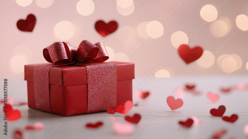 Romantic Gift Box with Hearts and Bokeh Background