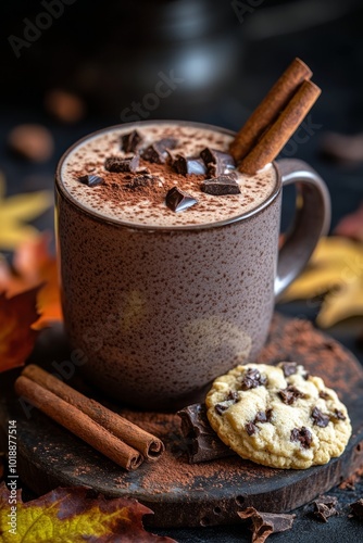 Warm coffee with cinnamon sticks and chocolate chips beside freshly baked coo...