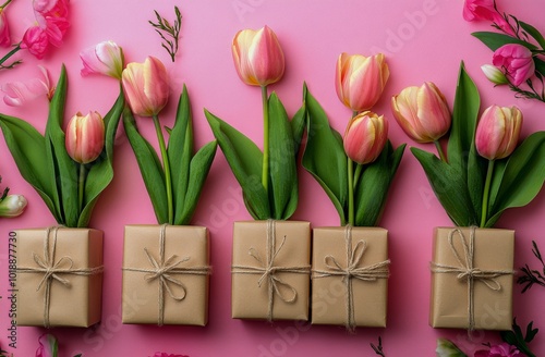 Elegant pink backdrop with tulips and wrapped gifts for a celebration