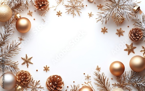 Elegant gold and white holiday decorations with ornaments and snowflakes on a...