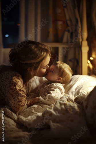 Mother and child share a tender moment with warm lights during a cozy nightti...