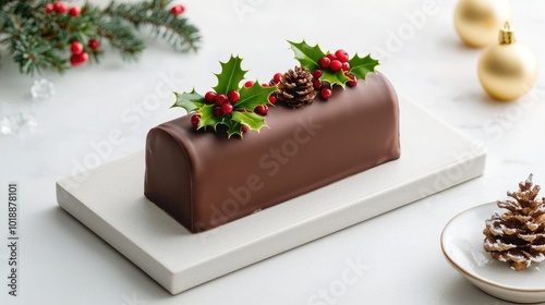 Fototapeta Naklejka Na Ścianę i Meble -  Festive Chocolate Cake with Holly and Pinecones Decoration