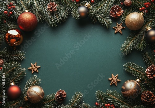 Festive holiday decorations with pine, berries, and ornaments on a green back...