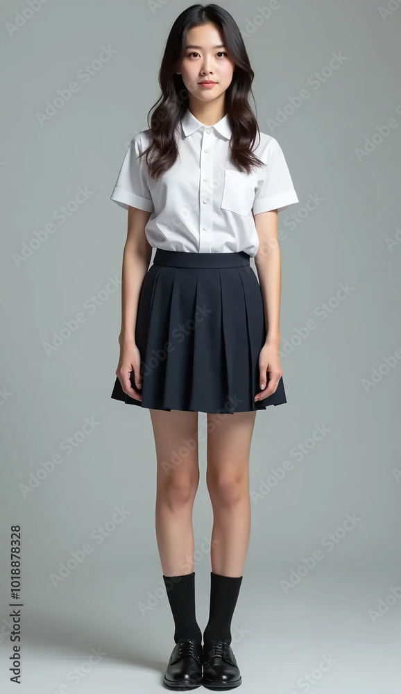 Full length portrait of Asian schoolgirl in uniform. Studio photography, vertical format. Full length portrait of Asian schoolgirl in uniform. Studio photography, vertical format.