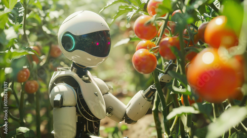 A humanoid robot with a white and black body and a glowing visor harvests ripe tomatoes. The concept is the fusion of technology and agriculture photo