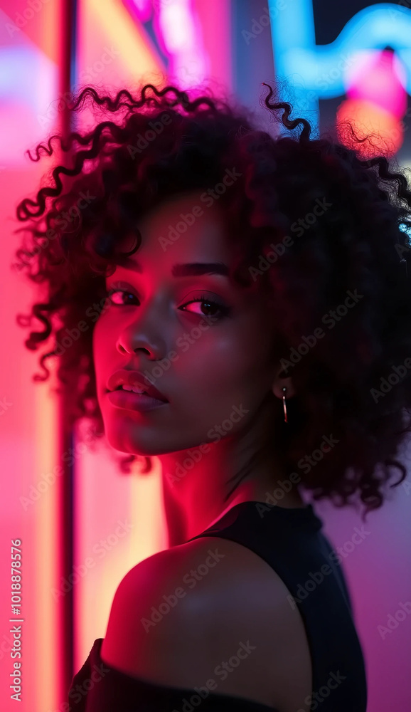 Stylish African American Girl in Neon Lights, Futuristic Portrait with Colorful Lighting, Fashion and Expression. Modern Urban Scene, Beautiful model. Vertical pic. Stylish African American Girl in Neon Lights, Futuristic Portrait with Colorful Lighting, Fashion and Expression. Modern Urban Scene, Beautiful model. Vertical pic.
