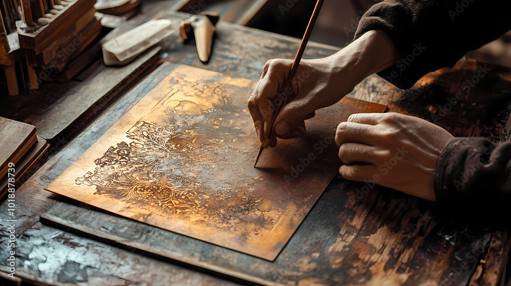 Ancient woodblock prints being crafted, warm lighting, closeup, rich textures, historical essence. Woodblock Print. Illustration