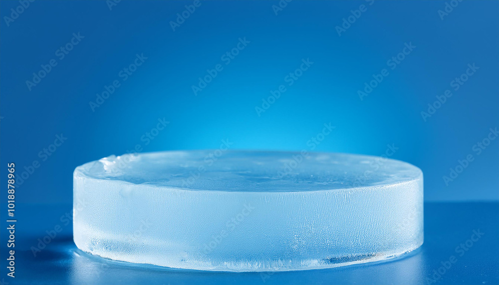 Round ice pedestal for product presentation on blue background. Pedestal in studio. Cool display. Round ice pedestal for product presentation on blue background. Pedestal in studio. Cool display.