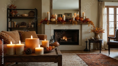 Elegant Autumn Living Room Decor with Warm Lighting, Textured Pillows, and Seasonal Accents for a Comfortable Fall Atmosphere