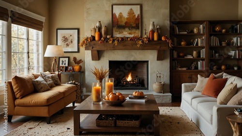 Elegant Autumn Living Room Decor with Warm Lighting, Textured Pillows, and Seasonal Accents for a Comfortable Fall Atmosphere