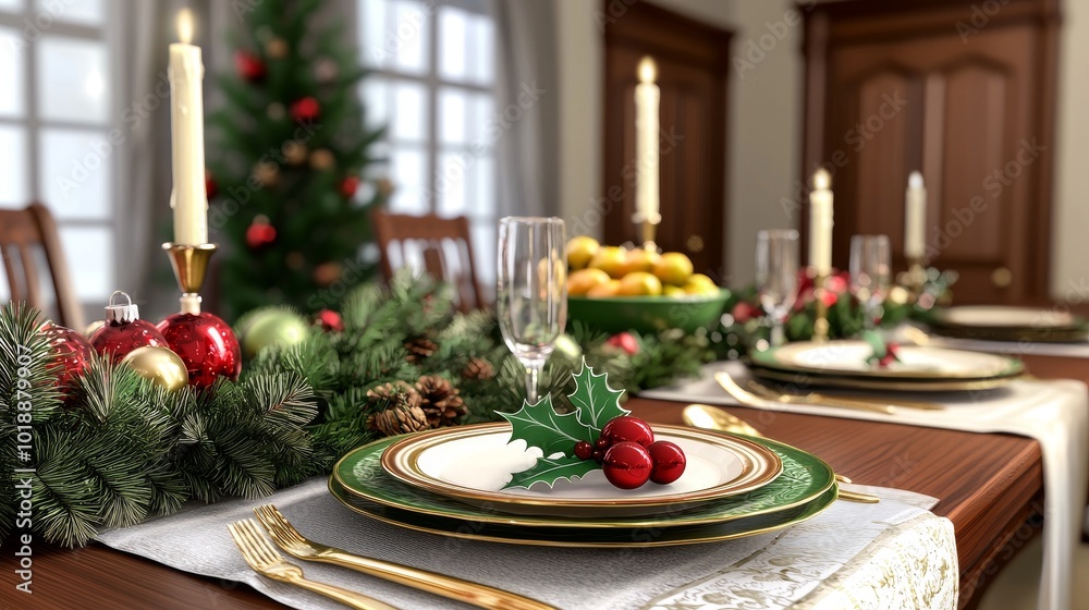 Fototapeta premium An stock generative technology created holiday dinner background for a festive Christmas dinner.