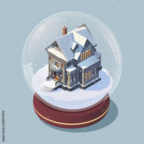 A detailed snow globe featuring a winter house with falling snow. Vector illustration