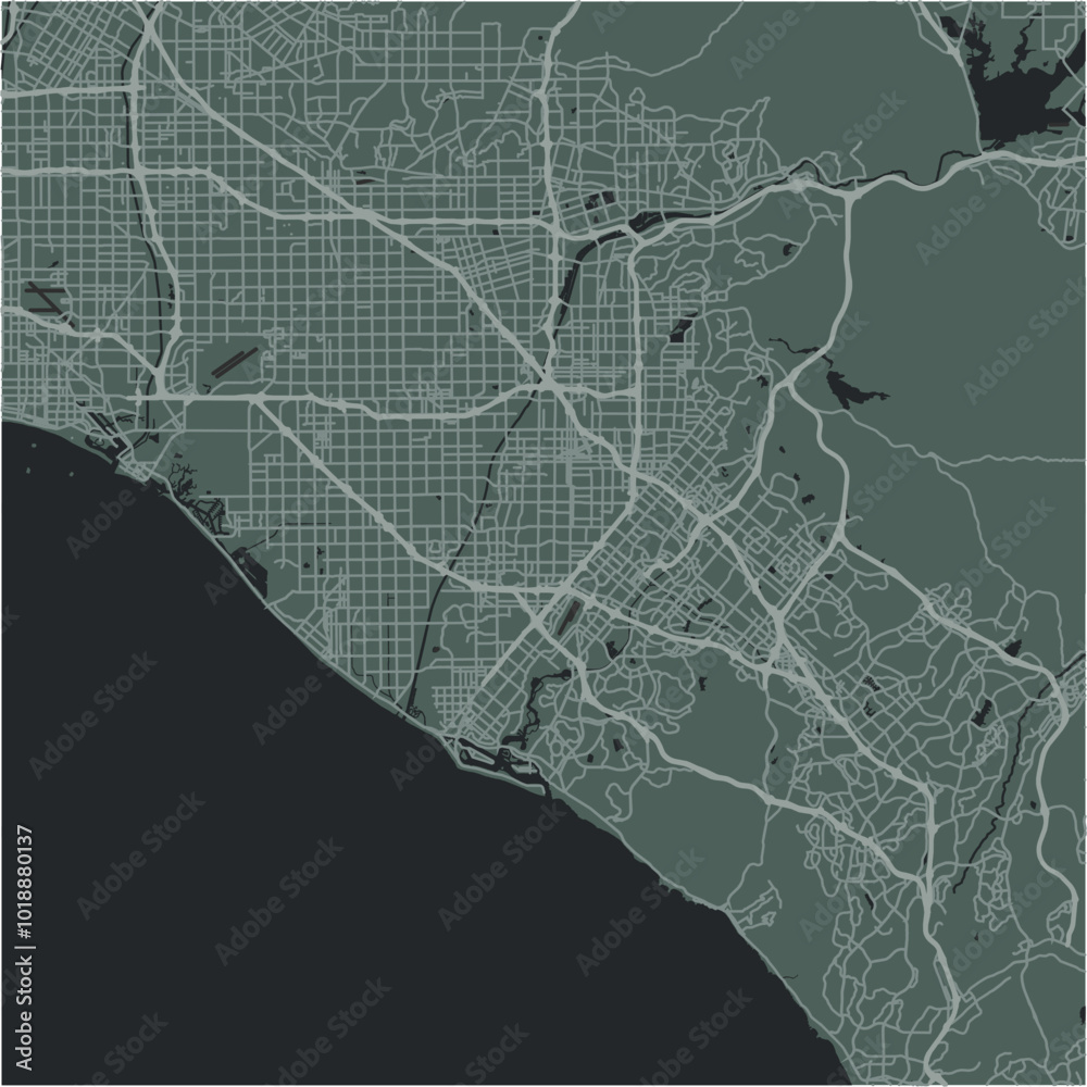 Map of Orange County in California in a smooth dark style. Contains layered vector with roads water, parks, etc. Map of Orange County in California in a smooth dark style. Contains layered vector with roads water, parks, etc.