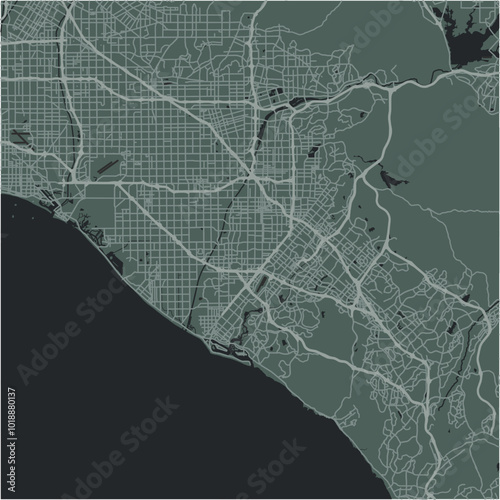 Map of Orange County in California in a smooth dark style. Contains layered vector with roads water, parks, etc.