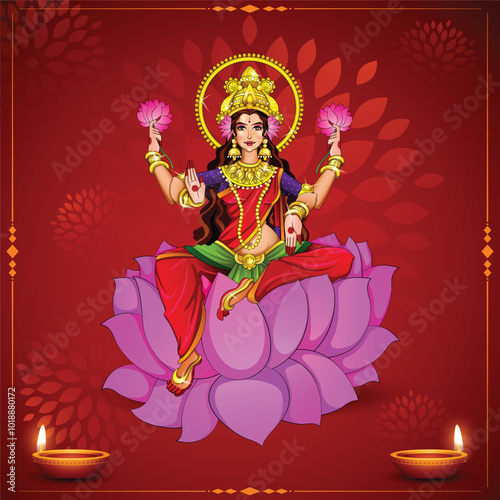 Vector illustration of a Beautiful Poster Or Banner With Goddess Maa Laxmi Of Indian Dhanteras Festival Background.