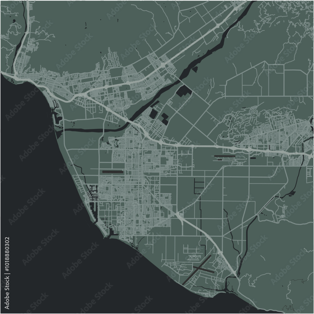 Fototapeta premium Map of Oxnard in California in a smooth dark style. Contains layered vector with roads water, parks, etc.