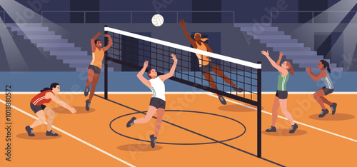 Volleyball competitions. Sports teams, professional athletes hit ball through net, players characters, dynamic poses, indoor championship cartoon flat isolated illustration, tidy vector concept