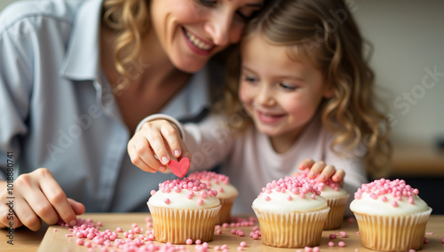 Mother and small child in the kitchen at home making cupcakes with red hearts decorations. Making memories while baking dessert