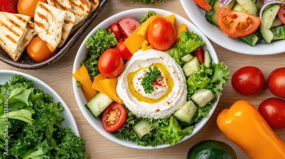 Fresh Salad Bowl with Vegetables and Hummus Dip Fresh Salad Bowl with Vegetables and Hummus Dip