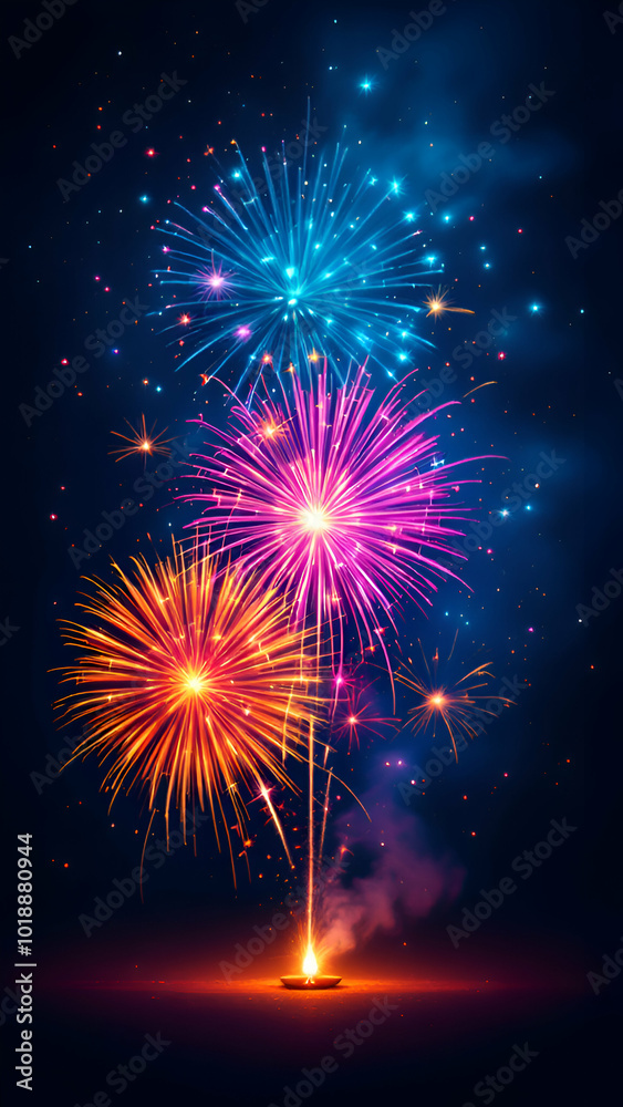 Naklejka premium vibrant fireworks explode against a dark night sky, creating a dazzling display of light and color. Sparks and smoke trail from the fireworks, illuminating the scene.