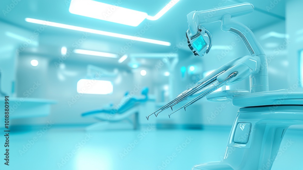This modern dental clinic interior features a dentist's chair This modern dental clinic interior features a dentist's chair