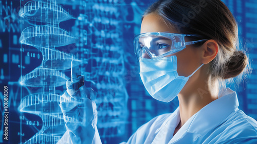 A female scientist in a lab coat and protective gear examines a DNA strand in a futuristic lab.