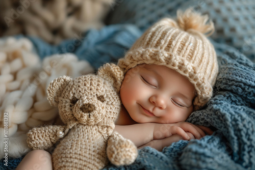 Happy smiling newborn laying with face up with little cute bear on the blue blanket in knitted hat