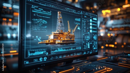 A digital twin model of an offshore jack-up rig displayed on a computer screen, representing the use of cutting-edge technology for predictive maintenance in offshore platforms.
