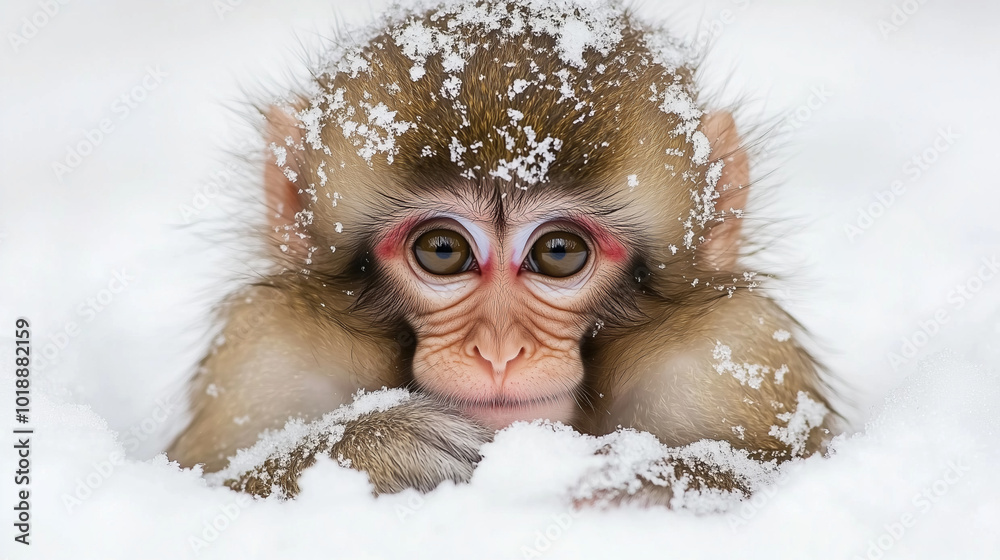 Fototapeta premium A snow monkey's face peeks out from a snowy landscape, its eyes looking directly at the camera.