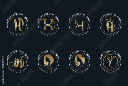 Set hair salon logo design with scissor element creative concept Premium Vector