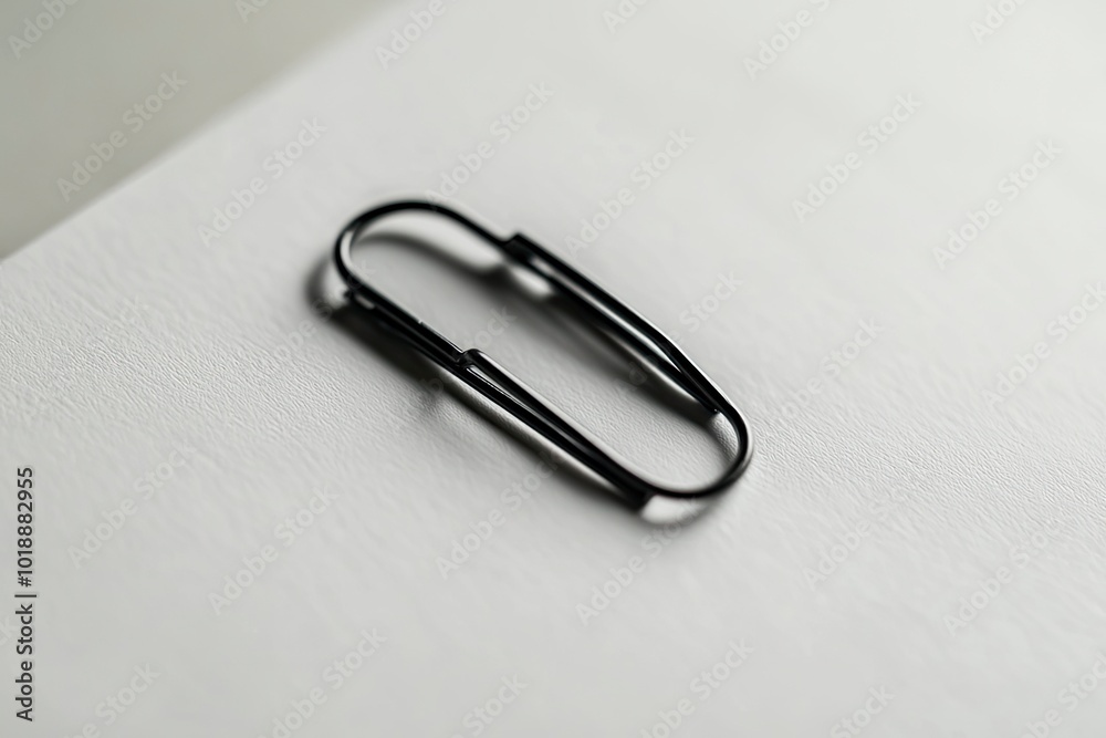 Fototapeta premium Macro view of black paper clip on white paper. with generative ai