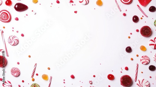 A bunch of lollipops neatly arranged on a white background with a minimalist look with empty space in the middle, a sweet candy concept to attract children's attention.