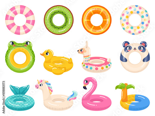 Inflatable rubber rings. Cartoon swimming toys, kids summer pool vacation accessories, children water safety, funny frog, duckling and panda, pink flamingo, kiwi and orange, vector isolated set