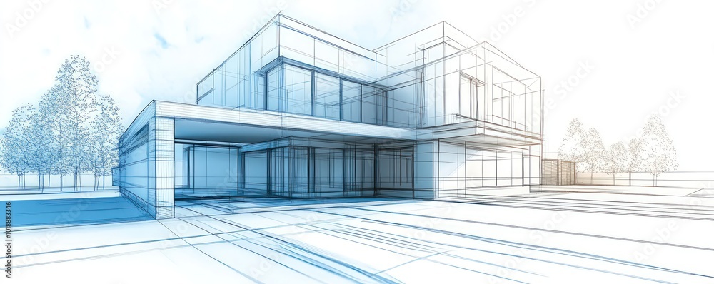 3D architectural house design in detailed line art.