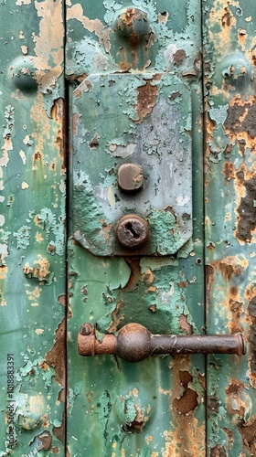 A close-up view of an aging green door highlighting rust and wear in a rustic setting