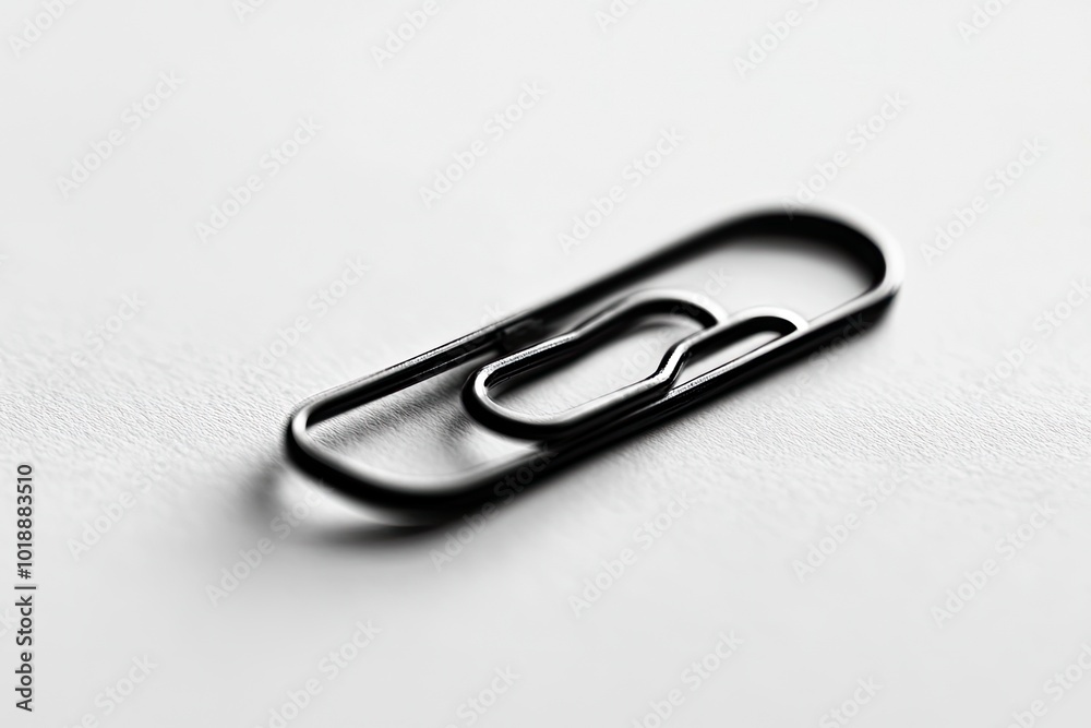 Macro view of black paper clip on white paper. with generative ai Macro view of black paper clip on white paper. with generative ai