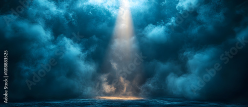 Dark background, spotlight on the ground, light beam, light rays, fog effect