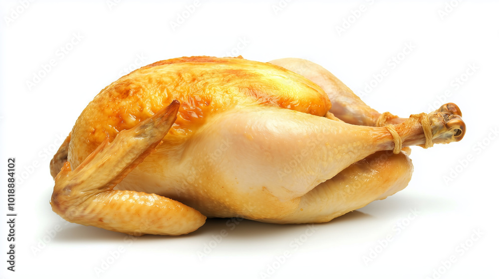 A roasted whole chicken with crispy skin on a white background. A roasted whole chicken with crispy skin on a white background.