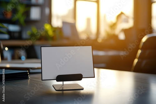 Wallpaper Mural A blank card on a stand, set on a neatly organized modern office table. Torontodigital.ca