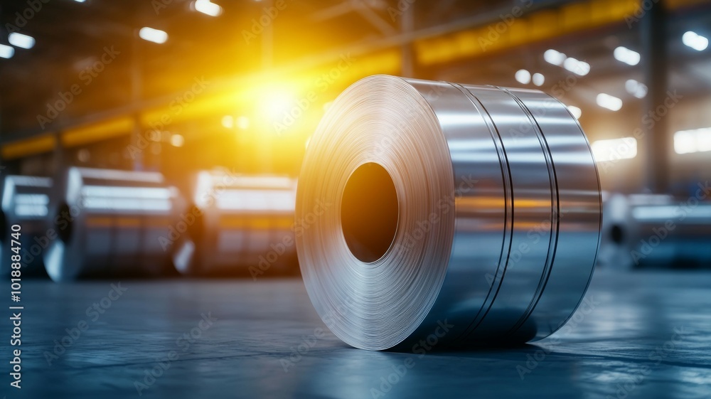 A close-up view of a rolled steel coil placed prominently in a well-lit industrial workshop showcasing modern manufacturing processes A close-up view of a rolled steel coil placed prominently in a well-lit industrial workshop showcasing modern manufacturing processes