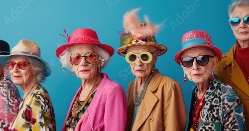 Fashion photo of a group of elderly women wearing sunglasses in funky maximalist outfits against a vibrant blue wall background. Fashion concept photoshoot with senior women in colorful costumes.