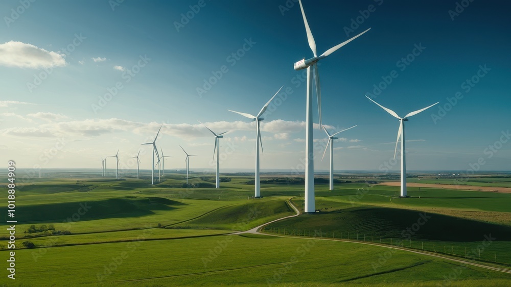 Expansive wind energy farm with rows of towering wind turbines stretching across green fields under a cloudy sky. Perfect for illustrating renewable energy, sustainability, and clean power generation Expansive wind energy farm with rows of towering wind turbines stretching across green fields under a cloudy sky. Perfect for illustrating renewable energy, sustainability, and clean power generation