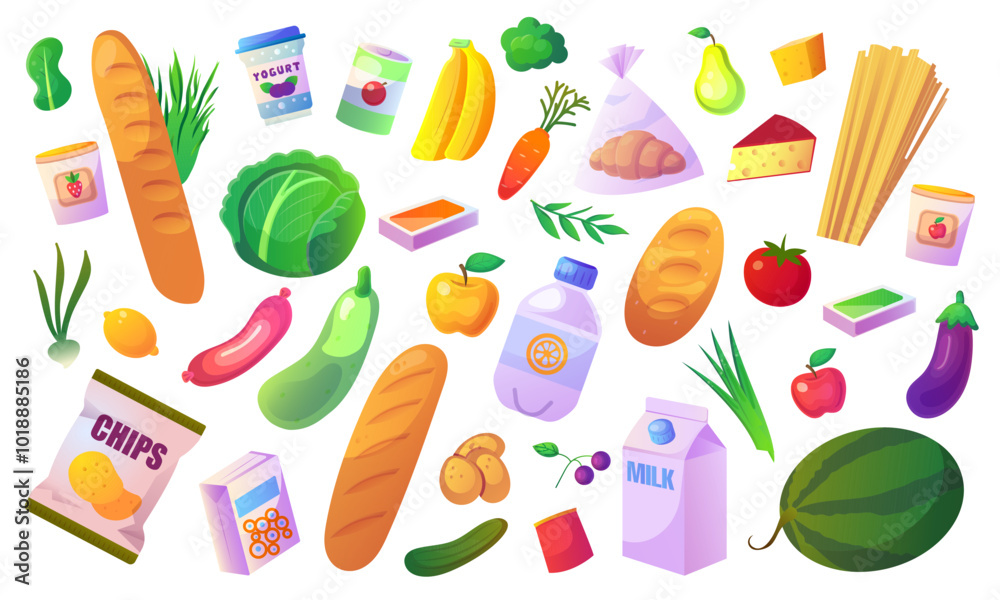 A variety of food items including vegetables, fruits, and drinks. Vector illustration A variety of food items including vegetables, fruits, and drinks. Vector illustration