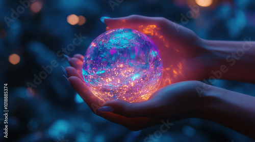 Hands cradling a glowing crystal sphere, intricate light reflections on the crystal, a dark to light gradient background, cool blue and purple hues