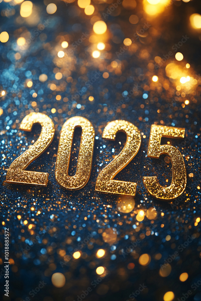 Golden number 2025 and fireworks on blue sparkle and glitter bokeh background. Merry Christmas and Happy New Year celebrating winter holiday background. Golden number 2025 and fireworks on blue sparkle and glitter bokeh background. Merry Christmas and Happy New Year celebrating winter holiday background.
