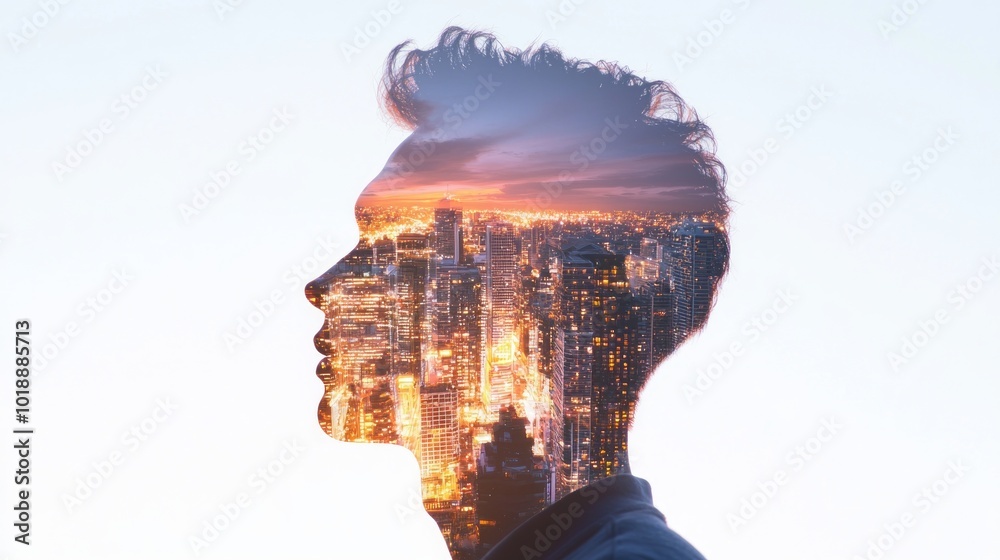 Dreamy Double Exposure Portrait of Man with Cityscape at Sunset - Realistic Illustration Symbolizing Aspirations and Reflection Dreamy Double Exposure Portrait of Man with Cityscape at Sunset - Realistic Illustration Symbolizing Aspirations and Reflection