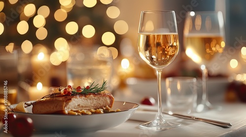 Elegant Holiday Dinner with Wine and Festive Lights