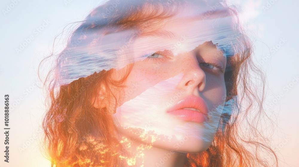 Serene Double Exposure Portrait: Woman Merging with Ocean Sunrise - Realistic Illustration Conveying Peace and Tranquility Serene Double Exposure Portrait: Woman Merging with Ocean Sunrise - Realistic Illustration Conveying Peace and Tranquility